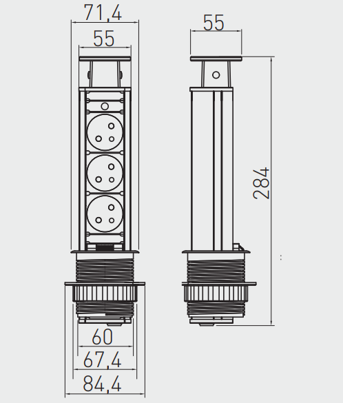 GTV Lighting - Multiprise de bureau Encastrable - 3 x PC 2P+T - Ronde - Ø60 mm - Réf : AE-BPW3U60-20 